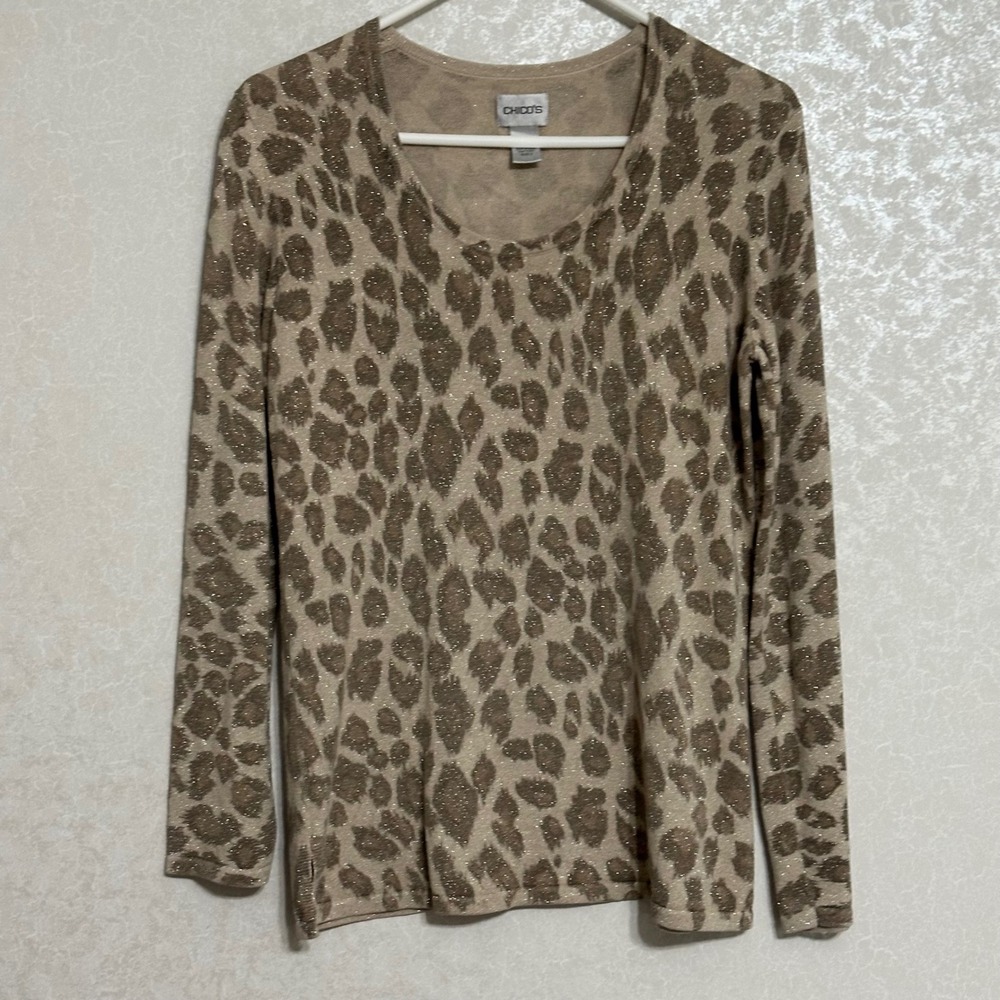 Chico's Leopard Animal Print Metallic Shimmer Knit Top Scoop Neck Tan Brown 2 L